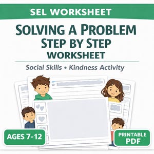Può includere: Un foglio di lavoro intitolato "Risolvere un problema passo dopo passo" con il testo "SEL Worksheet" in alto. Il foglio di lavoro è per bambini dai 7 ai 12 anni e si concentra sulle abilità sociali e sulla gentilezza. L'immagine include bambini dei cartoni animati.