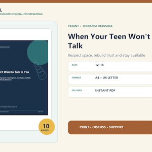 Pode incluir: Um recurso digital intitulado When Your Teen Won't Talk, com uma capa azul escura e círculos verde-azulados. Inclui um guia de 10 páginas para pais e terapeutas, em formatos A4 e US Letter, disponível como download PDF instantâneo.