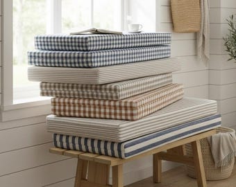 Cojín de banco de lino personalizado, cojín de ventana relleno de espuma, cojín de suelo a cuadros vichy y rayas, tapizado de bouclé, asiento para rincón de entrada