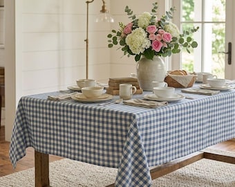 Mantel de lino y algodón con estampado de cuadros azules, decoración de cocina rústica hecha a mano.