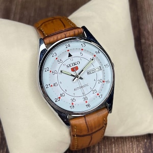 Seiko 5 Military Style Automatic Watch, White Dial, Day- Date, Brown Leather Band,