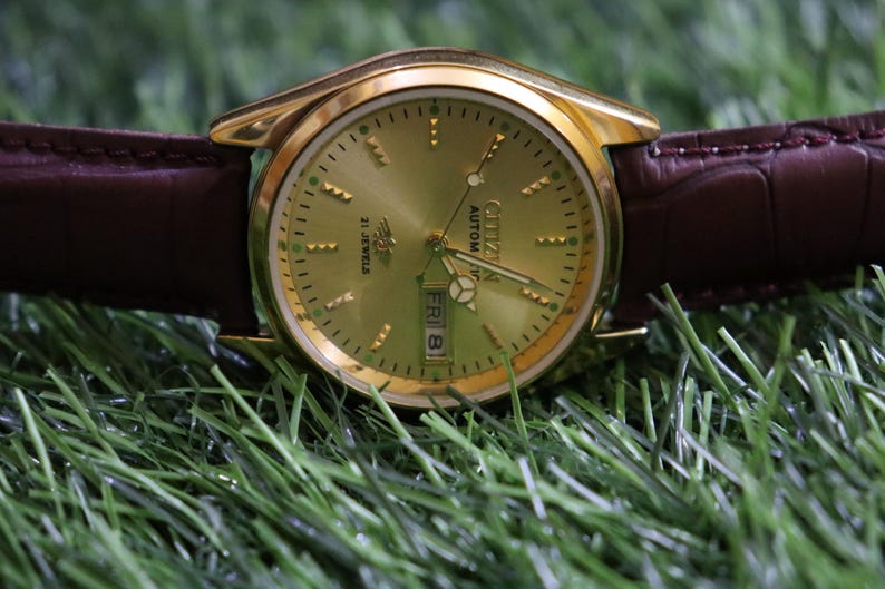 K&ouml;nnte beinhalten: Eine goldfarbene Citizen Automatik-Uhr mit braunem Lederarmband. Das Zifferblatt der Uhr ist goldfarben mit schwarzen Zeigern und Markierungen und zeigt den Tag und das Datum an. Die Uhr liegt vor einem Hintergrund aus gr&uuml;nem Gras.