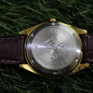 K&ouml;nnte beinhalten: Nahaufnahme einer goldfarbenen Citizen-Uhr mit braunem Lederarmband. Der Uhrenboden ist aus Edelstahl und tr&auml;gt die Aufschrift "WATER RESISTANT" und "CITIZEN WATCH CO". Die Uhr ist vor einem gr&uuml;nen Hintergrund.