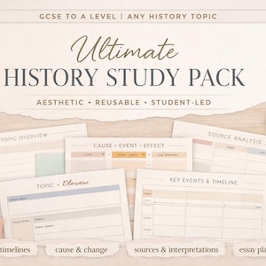 May include: An Ultimate History Study Pack with aesthetic, reusable, and student-led study materials. The pack includes topic overview, cause and effect, source analysis, and key events and timeline templates. Accessories include paper clips, a small bowl, and pens.
