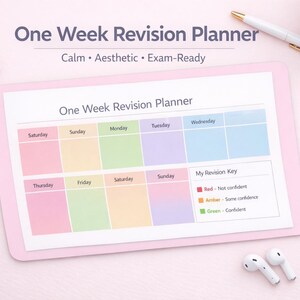 May include: A pink revision planner with the text "One Week Revision Planner" and the words "Calm, Aesthetic, Exam-Ready". The planner has a color-coded key and is surrounded by stationery items.