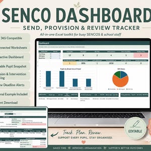 May include: A digital Senco Dashboard Excel toolkit displayed on a laptop screen, featuring a data dashboard with charts, tables, and tracking metrics. The interface includes a pupil snapshot view, provision tracking, and review deadline alerts for school staff.