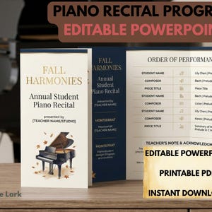 May include: A tri-fold piano recital programme template titled Fall Harmonies, featuring a black grand piano illustration, autumn leaves, and an order of performance table. The document includes placeholders for student names, composers, and piece titles.