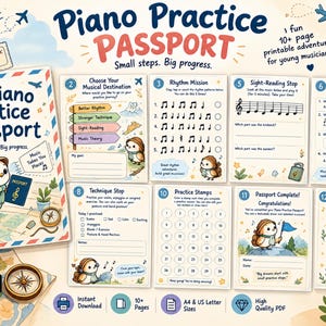 May include: A printable Piano Practice Passport booklet featuring a cover with a cartoon owl, a compass, and a suitcase. The set includes multiple activity pages with rhythm missions, sight-reading exercises, music theory questions, and practice stamps.