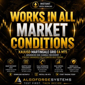 May include: A digital graphic for XAUUSD Martingale Grid EA MT5 trading software. The text reads WORKS IN ALL MARKET CONDITIONS, ADVANCED BIG CANDLE RECOVERY, and ALGOFORGESYSTEMS. It features gold and black colors with icons for trading logic.