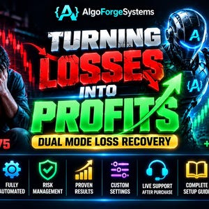 Puede incluir: Un gráfico digital para AlgoForgeSystems MT5 Expert Advisor con una persona con la cabeza entre las manos junto a una figura robótica. El texto dice: TURNING LOSSES INTO PROFITS, DUAL MODE LOSS RECOVERY, BEFORE ACCOUNT IN LOSS -$2,875, AFTER ACCOUNT IN PROFIT +$4,320.