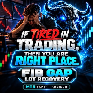 Può includere: Una grafica digitale che mostra una persona con la testa tra le mani, un toro blu luminoso e grafici di borsa. Il testo recita: IF TIRED IN TRADING, THEN YOU ARE RIGHT PLACE. FIB GAP LOT RECOVERY MT5 EXPERT ADVISOR.