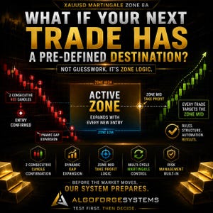 May include: A digital infographic titled XAUUSD MARTINGALE ZONE EA featuring a black background with gold text. It displays a trading chart with red and green candlesticks, an Active Zone box, and icons representing risk management and market logic.