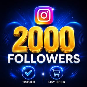 Pode incluir: Um gráfico digital com um tema azul e dourado. A imagem apresenta o logotipo do Instagram, o número "2000" em dourado e a palavra "FOLLOWERS" em branco. Abaixo estão ícones e o texto "TRUSTED" e "EASY ORDER".