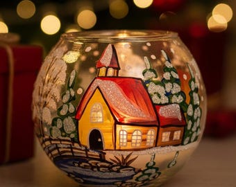 Hand Painted Glass Candle Holder – Winter Village with River & Bridge, Christmas Tealight Decor, Cozy Holiday Home Accent