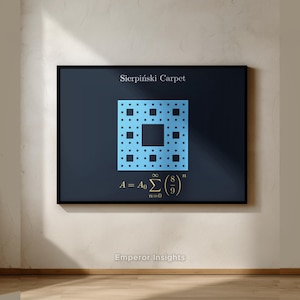 May include: A framed print featuring a Sierpinski Carpet design on a dark blue background. The artwork includes a mathematical formula and the text "Sierpiński Carpet" at the top. The bottom of the print reads "Emperor Insights".