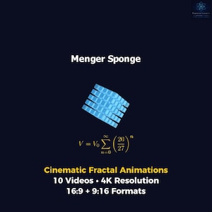 Puede incluir: Gráfico azul oscuro con el texto "Menger Sponge" y una forma fractal 3D azul. Debajo de la forma hay una fórmula matemática. La parte inferior del gráfico dice "Cinematic Fractal Animations, 10 Videos, 4K Resolution, 16:9 + 9:16 Formats."