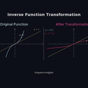 Puede incluir: Un gr&aacute;fico educativo que ilustra la transformaci&oacute;n de la funci&oacute;n inversa. La imagen se divide en dos secciones, mostrando la funci&oacute;n original y la funci&oacute;n transformada. Los gr&aacute;ficos se muestran sobre un fondo oscuro con etiquetas y anotaciones de texto.