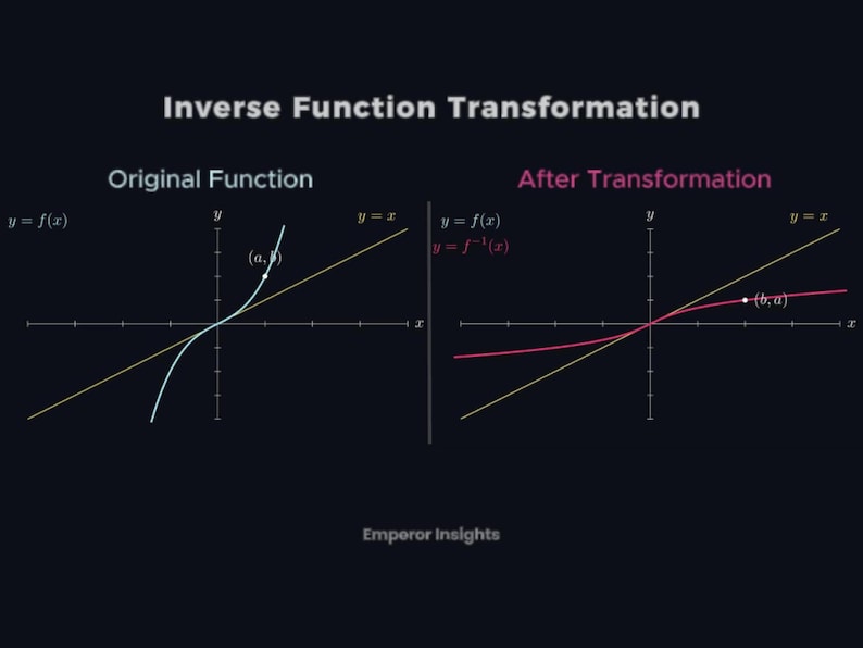 Puede incluir: Un gr&aacute;fico educativo que ilustra la transformaci&oacute;n de la funci&oacute;n inversa. La imagen se divide en dos secciones, mostrando la funci&oacute;n original y la funci&oacute;n transformada. Los gr&aacute;ficos se muestran sobre un fondo oscuro con etiquetas y anotaciones de texto.
