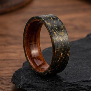 Wood Ring with Black Gold Carbon Fiber Inlay • Mens Rustic Wedding Band • Nature Inspired Wood Wedding Ring Gift for Him.