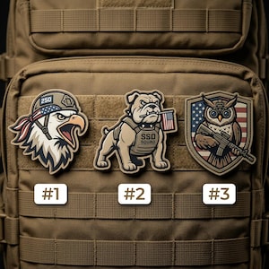 May include: Three embroidered patches featuring patriotic designs. One patch depicts an eagle wearing a helmet, another a bulldog with an American flag, and the third an owl holding a rifle. Each patch has a number at the bottom.