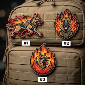 May include: Three tactical morale patches featuring German Shepherd dogs surrounded by stylized orange and red flames. Patch #1 shows a running dog, patch #2 shows a front-facing dog, and patch #3 shows a side-profile barking dog.