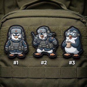 May include: Three cartoon penguin patches. The first penguin wears a military uniform and headset. The second penguin holds a radio. The third penguin wears goggles and holds a mug. Each patch is numbered.