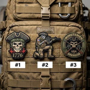 May include: Three tactical patches with military-themed designs. One patch features a skull wearing a tricorn hat with the text "1776". Another depicts a skeleton soldier kneeling with a rifle. The third patch has a skull and cross rifles with the text "Minuteman USA Operator".