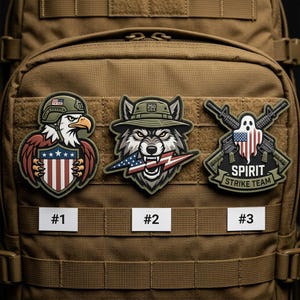 May include: Three tactical patches are displayed on a tan backpack. The patches feature an eagle, a wolf with a lightning bolt, and a ghost with crossed rifles. Each patch has a unique design and color scheme, with the American flag incorporated.