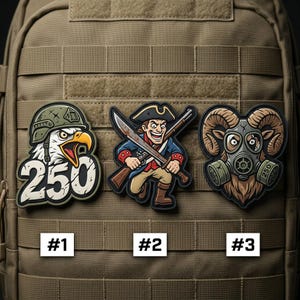 May include: Three military-themed patches. One features an eagle with the number 250, another depicts a cartoon soldier with a sword and rifle, and the third shows a ram wearing a gas mask with the number 250. Each patch is outlined in black.
