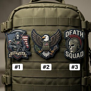 May include: Three tactical patches with military-themed designs. One patch features a grim reaper with a rifle and American flag, another an eagle with spread wings, and the third a skull with a helmet. Each patch has a unique design and text.