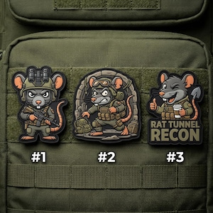 May include: Three embroidered patches featuring cartoon mice in military gear. The first mouse is armed with a rifle, the second is emerging from a tunnel, and the third is giving a thumbs-up with the text "RAT TUNNEL RECON".