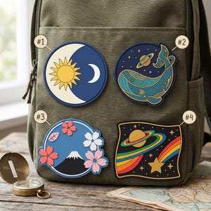 May include: Four decorative patches attached to an olive green backpack. Patch #1 shows a sun and moon. Patch #2 features a whale and planet. Patch #3 depicts a mountain with cherry blossoms. Patch #4 displays a planet and a shooting star.