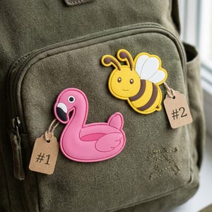 May include: An olive green canvas backpack featuring two rubberized patches. One patch is a pink flamingo, and the other is a yellow and black bee with white wings. Each patch has a small brown paper tag attached, labeled with #1 and #2 respectively.
