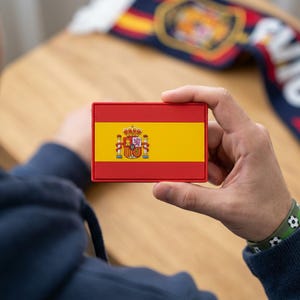 May include: A rectangular patch featuring the flag of Spain, with horizontal bands of red and yellow. The Spanish coat of arms is centered on the yellow band. The patch is held in a person's hands.
