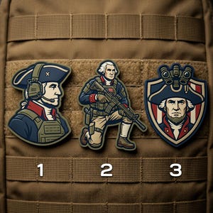 May include: Three tactical morale patches featuring George Washington in various military-themed designs. Patch 1 shows a profile view with a headset, patch 2 shows a full-body figure kneeling with a rifle, and patch 3 shows a portrait with night vision goggles.
