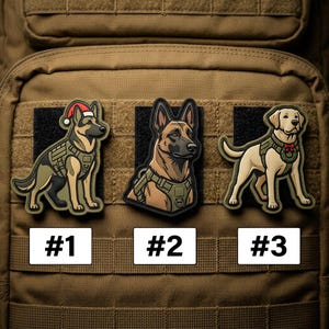 May include: Three tactical morale patches featuring dogs in harnesses. Patch #1 shows a German Shepherd with a Santa hat. Patch #2 shows a Belgian Malinois portrait. Patch #3 shows a yellow Labrador wearing a wreath. The patches are numbered #1, #2, #3.