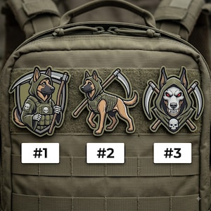 May include: Three tactical morale patches featuring German Shepherd dogs in hooded gear. Patch #1 shows a dog with a scythe, #2 shows a dog in a vest with a scythe, and #3 shows a snarling dog face with crossed scythes and a skull emblem.