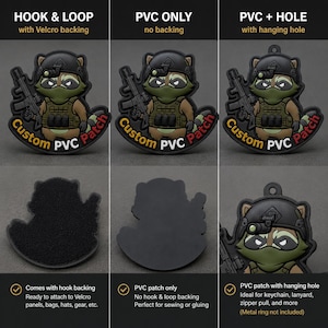 May include: A set of three PVC patches featuring a cartoon raccoon in tactical gear holding a rifle. The patches are shown with three backing options: hook and loop, no backing, and a hanging hole. Text on the patches reads Custom PVC Patch.