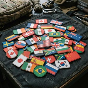May include: A collection of embroidered flag patches from various countries, including the United States, Canada, and Mexico. The patches are rectangular and circular, with vibrant colors and detailed designs. They are arranged on a dark, textured surface.