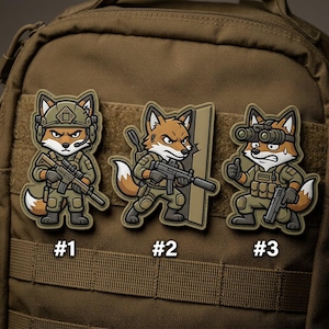 May include: Three cartoon fox patches in military attire. Each fox is armed with a weapon and wears a different tactical accessory. The patches are numbered #1, #2, and #3. The background is a brown, textured surface.