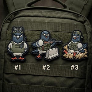 May include: Three tactical pigeon patches. Each patch features a cartoon pigeon in military gear. One pigeon has night vision goggles and a radio, another aims a rifle, and the third rests on sandbags. Numbers #1, #2, and #3 are below each patch.