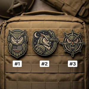 May include: Three tactical patches featuring owl designs. Patch #1 shows an owl with headphones and an American flag. Patch #2 depicts an owl with night vision goggles and the text "NIGHT WATCH". Patch #3 has an owl with a compass design and the text "USA EST. 1776".