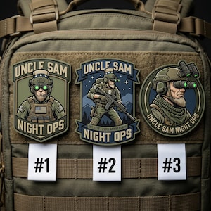 May include: Three patches with the text "UNCLE SAM NIGHT OPS" on a tactical backpack. The patches feature illustrations of Uncle Sam in night vision gear. The patches are labeled #1, #2, and #3.