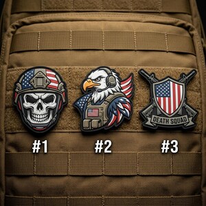 May include: Three tactical patches with patriotic designs. One features a skull in a helmet, another an eagle with a headset, and the last a shield with crossed rifles and the text "DEATH SQUAD". All patches have red, white, and blue color schemes.