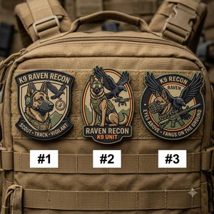 May include: Three tactical morale patches attached to a tan backpack. Patch 1 features a German Shepherd with a headset and raven. Patch 2 shows a dog with goggles and a drone. Patch 3 depicts a dog with a muzzle, rifle, and raven with text.