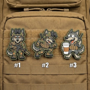 May include: Three tactical patches featuring cartoon wolf characters in military gear. The first wolf holds a rifle, the second is running, and the third is holding a coffee cup and a radio. Each patch is numbered.