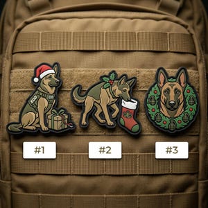 May include: Three tactical morale patches featuring German Shepherd dogs with holiday themes. Patch #1 shows a dog in a Santa hat with a gift. Patch #2 shows a dog with holly holding a stocking. Patch #3 shows a dog head inside a grenade wreath.