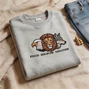 Focus Discipline Execution Sweatshirt, Lion Wolf Eagle Embroidered, Motivational Jacket Hat Backpack