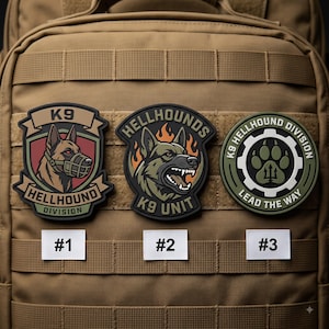 May include: Three tactical morale patches attached to a tan backpack. Patch #1 features a muzzled dog with the text K9 HELLHOUND DIVISION. Patch #2 shows a snarling dog with flames and the text HELLHOUND K9 UNIT. Patch #3 displays a paw print and trident.