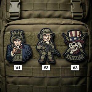 May include: Three tactical patches featuring cartoon illustrations. One depicts Uncle Sam pointing, another a soldier with a rifle, and the third a skull in a patriotic hat with the word "CHAOS". Each patch is numbered.